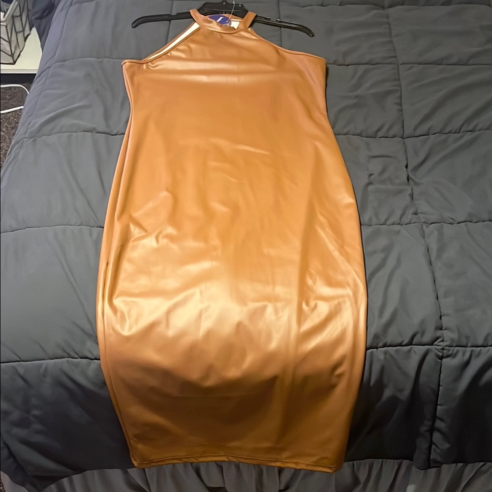 Brown Leather Halter Maxi Dress